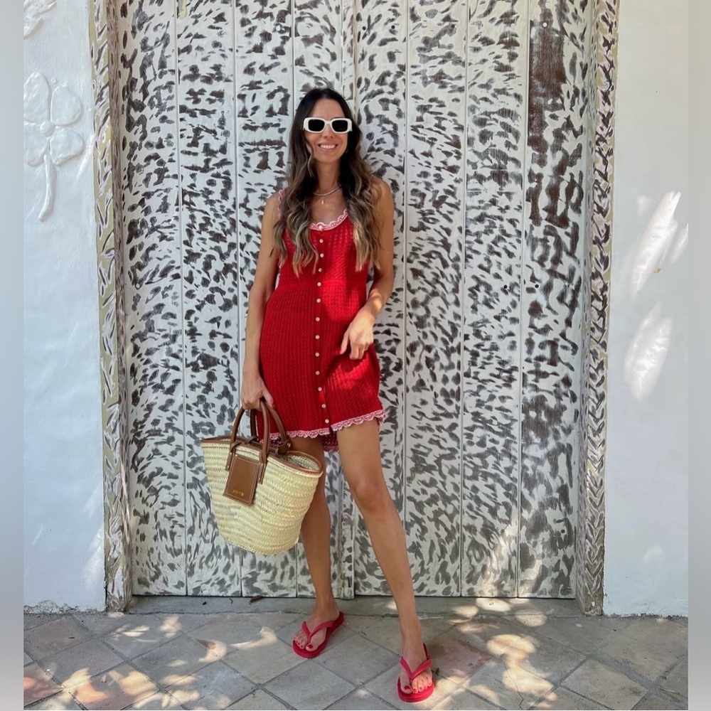 Zara crochet Red Button-Up Dress with Lace Trim